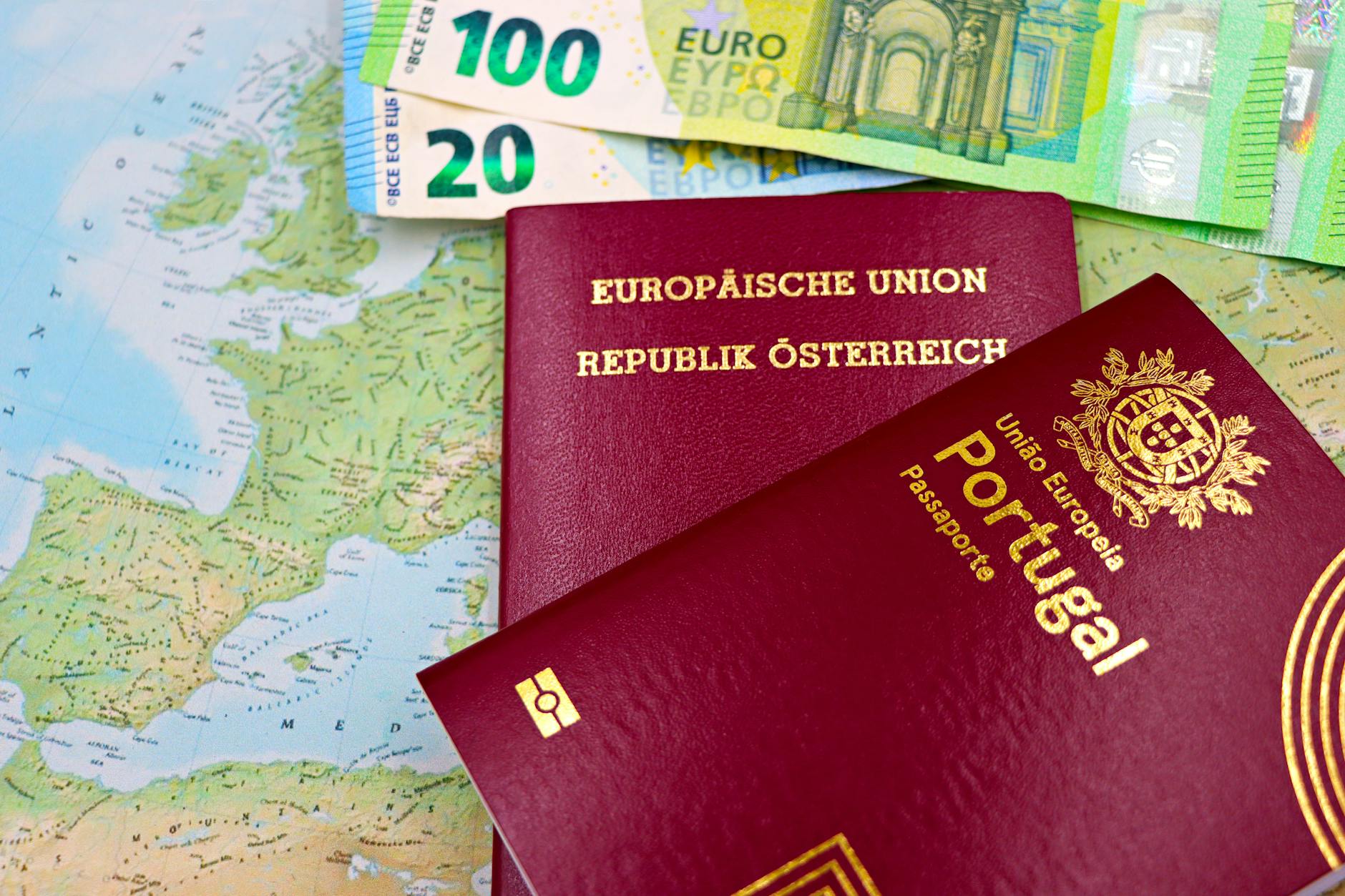 european passports on map with euro currency