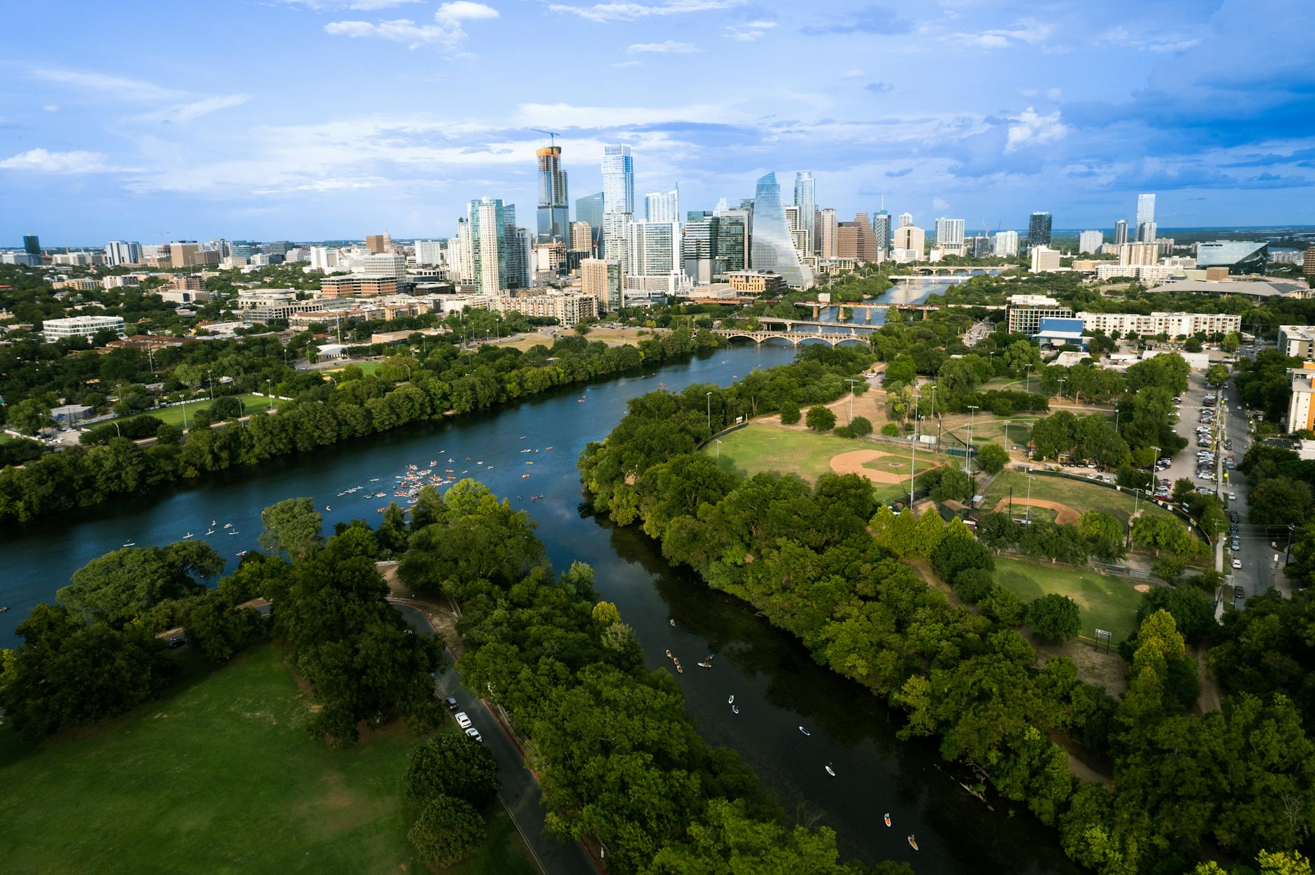 aerial view of austin skyline with colorado river
