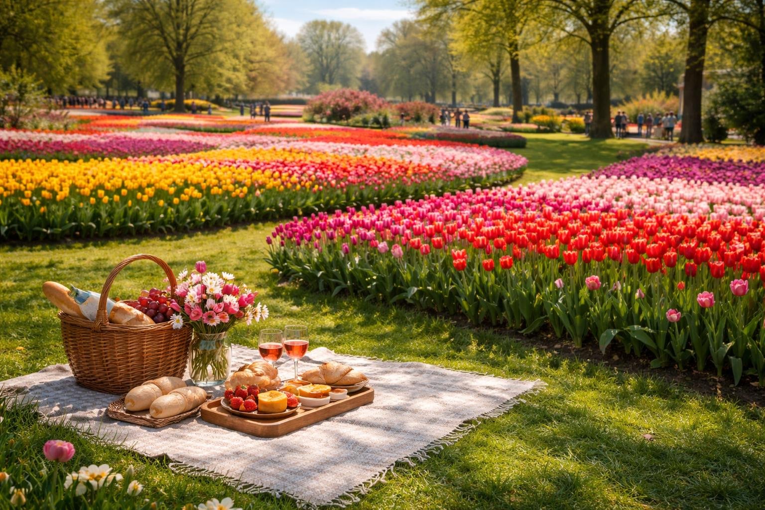 Colorful tulip fields at Keukenhof Gardens with a picnic setup on green grass and visitors walking in the background under a clear sky.