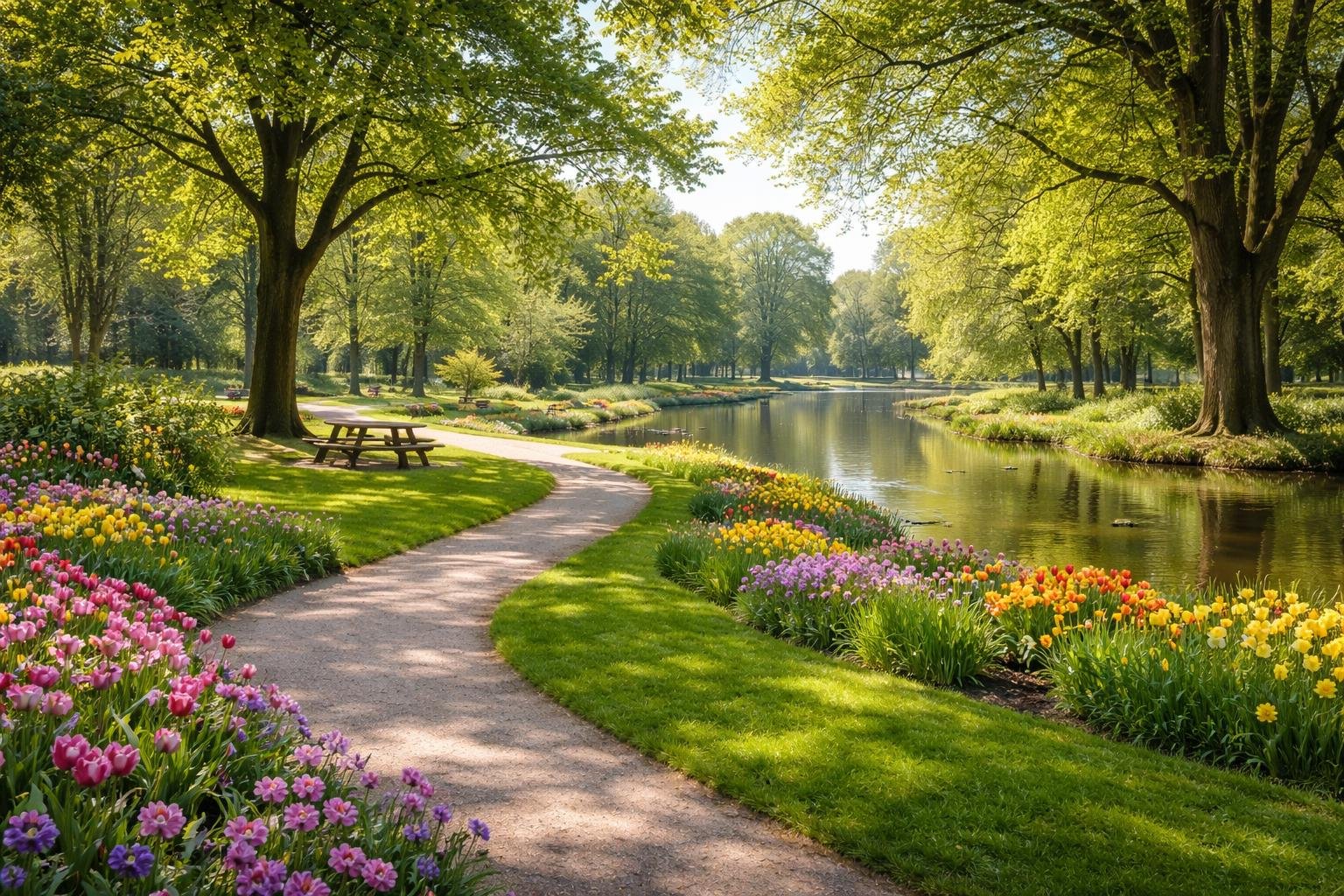 A large park with winding paths, ponds, flower beds, and picnic areas surrounded by trees.