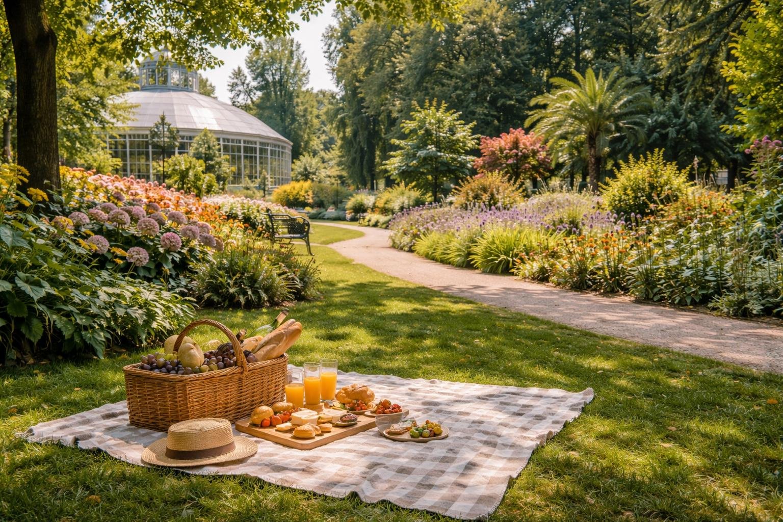 A picnic setup with a blanket and basket in a lush botanical garden filled with colorful flowers and diverse plants.