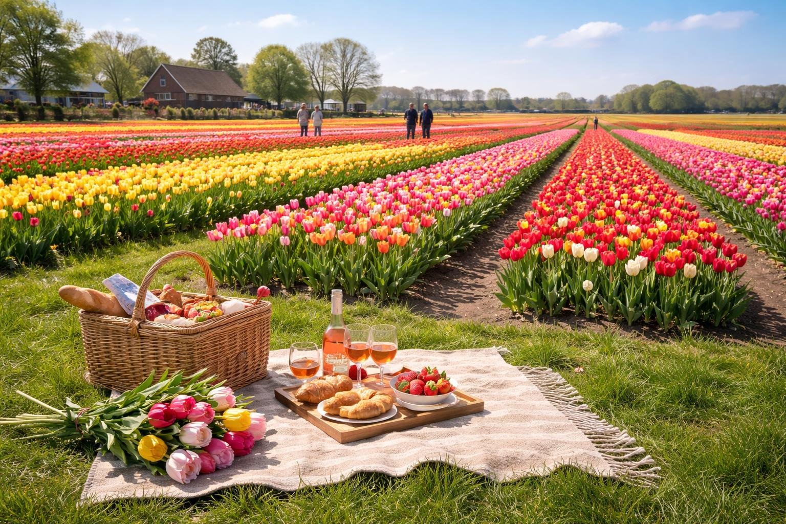 A colorful tulip field with rows of blooming flowers and a picnic setup on a blanket with visitors enjoying the scene.