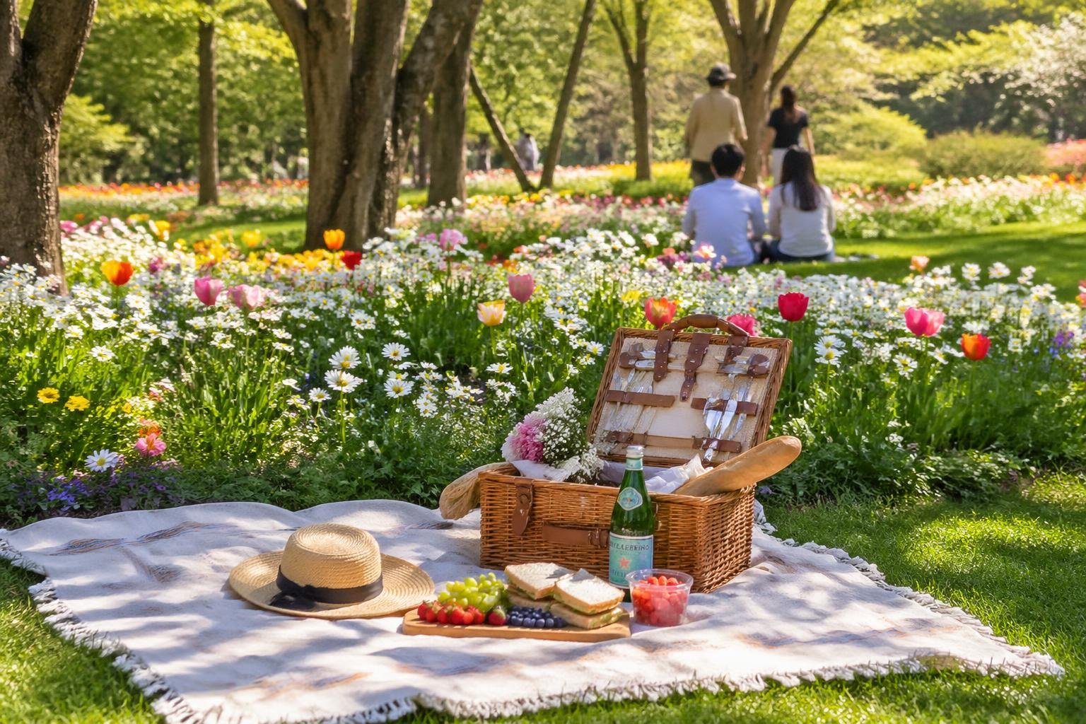 A picnic setup on a blanket surrounded by colorful flowers in a garden with people enjoying the outdoors.