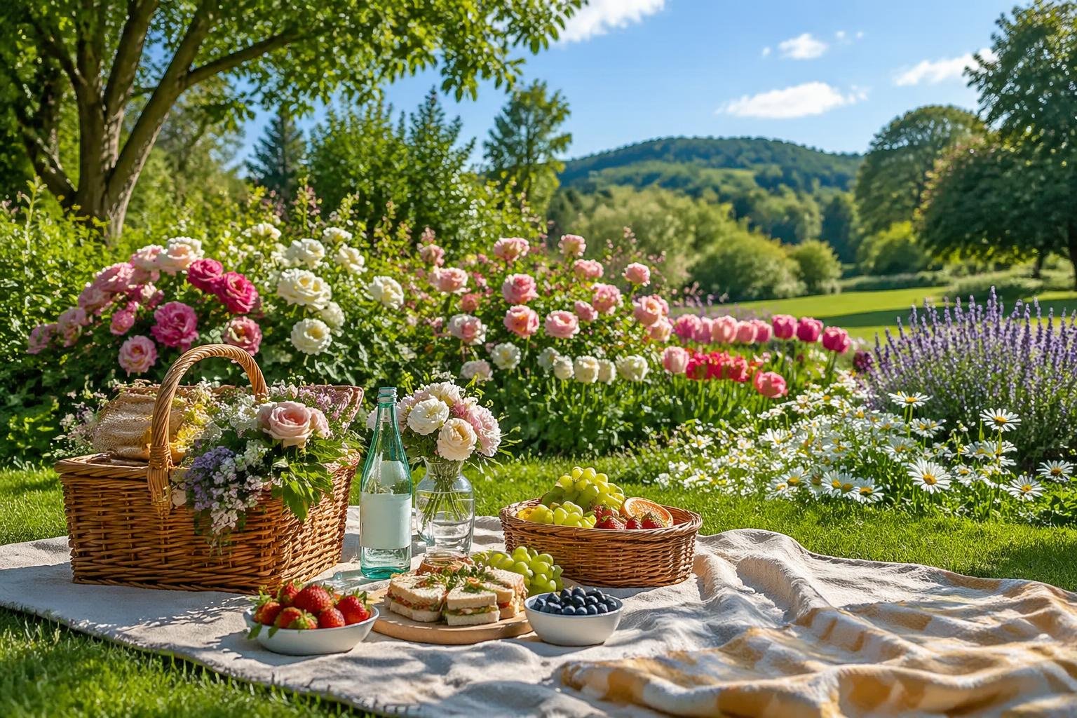 A picnic blanket laid out on green grass surrounded by colorful blooming flowers in a sunny garden.