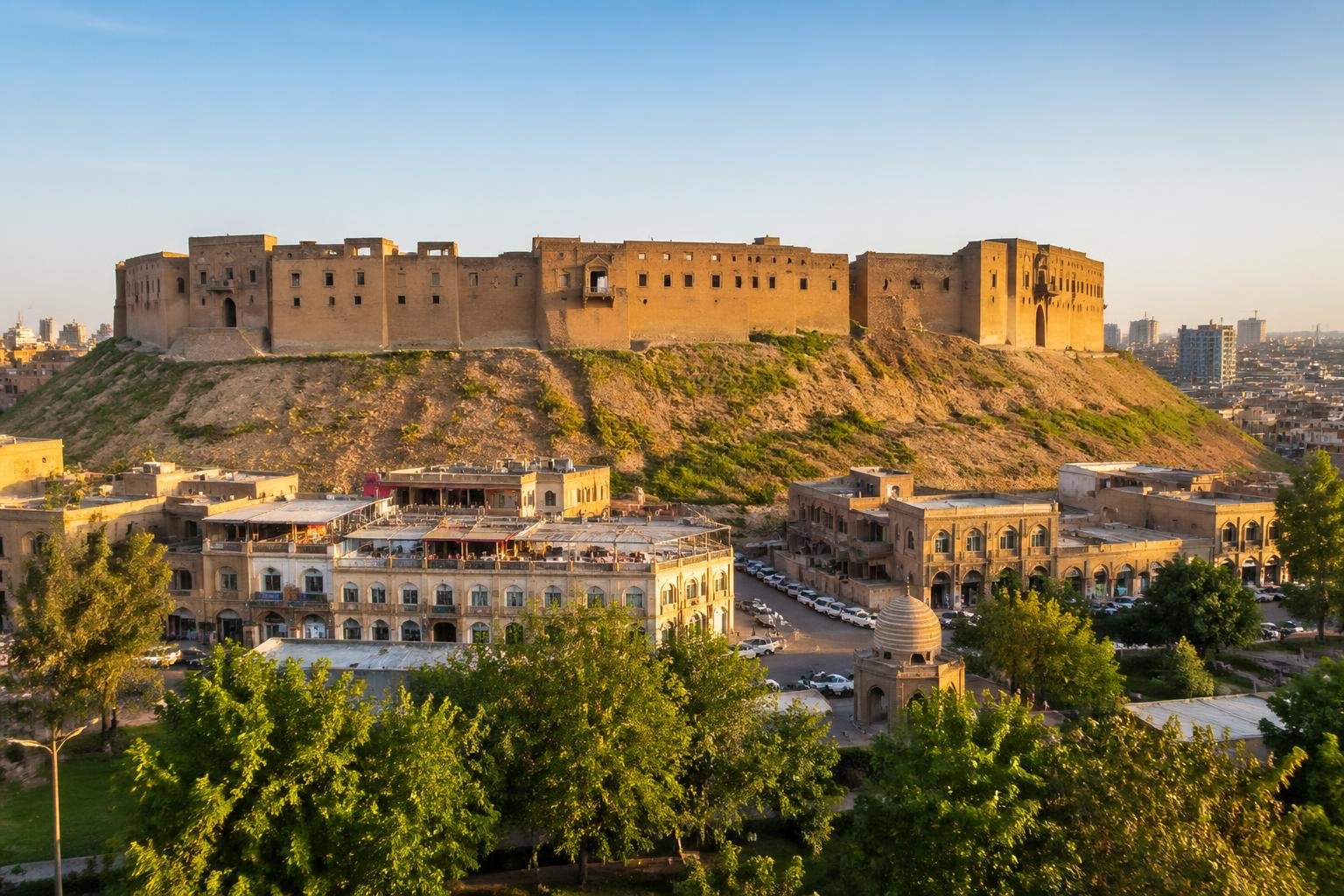 View of the historic Erbil Citadel on a hill surrounded by greenery and city buildings under a clear sky.