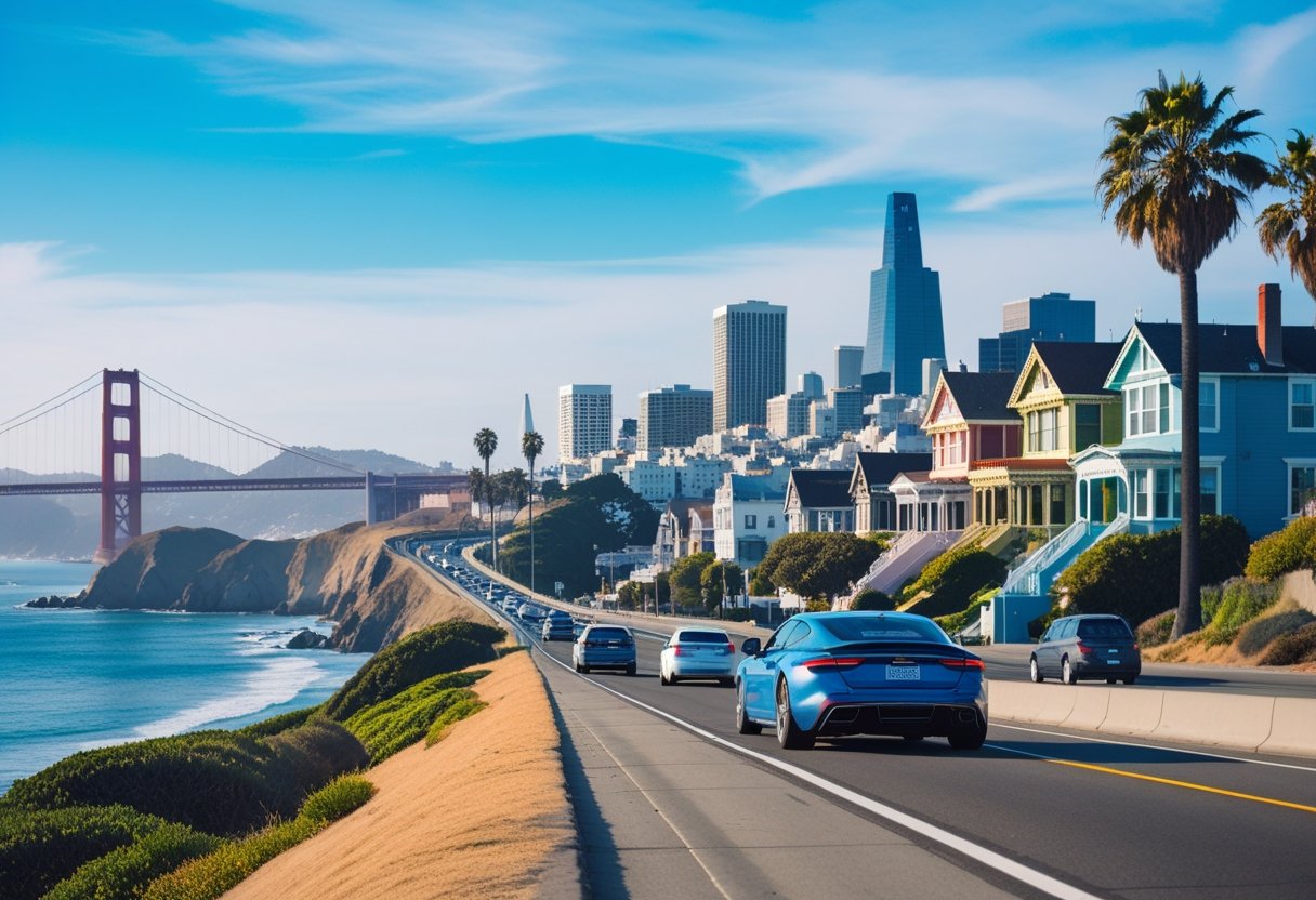 A coastal highway in California with a car driving along, palm trees, city skylines including a suspension bridge and skyscrapers, and travelers enjoying a picnic by the roadside.