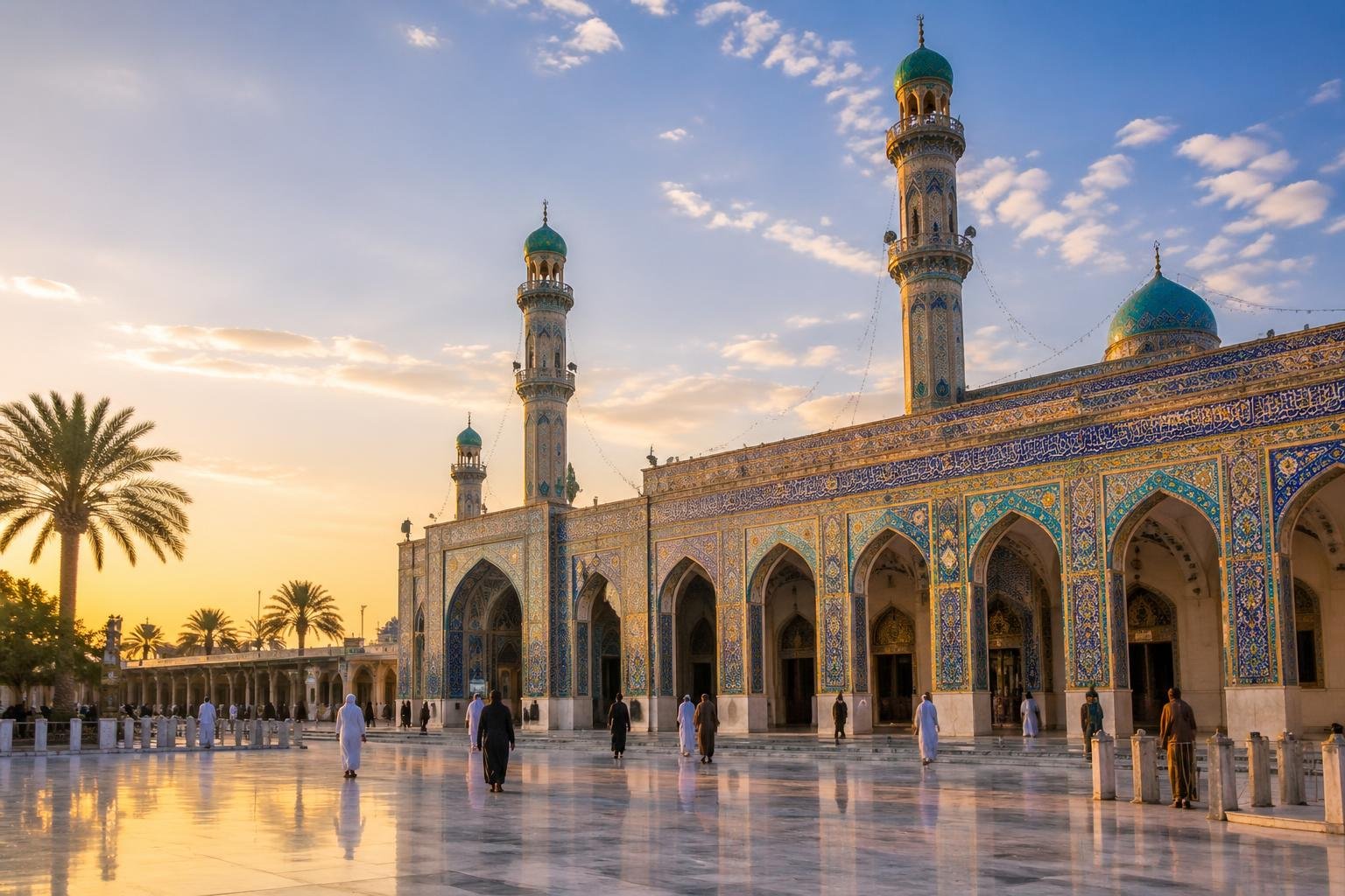 The Great Mosque of Kufa with its large courtyard, detailed arches, and tall minarets under a clear sky during sunset.